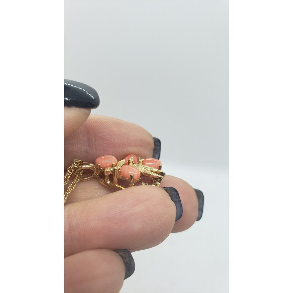 Vintage 14K Gold Plated Coral Necklace Leaf Pendant Rope Chain - Picture 7 of 11